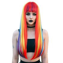 Peruca longa e reta, arco-íris, 65 cm com franja, colorida, vermelha, amarela