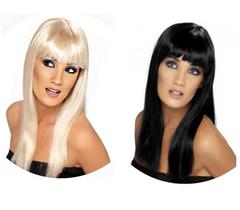 Peruca Longa Lisa com Franja Loira Ou Preta Festas Eventos