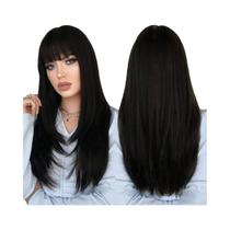 Peruca Longa Lisa Preta De 24 Polegadas Com Franja, Cabelo Sintético Resistente Ao Calor Para