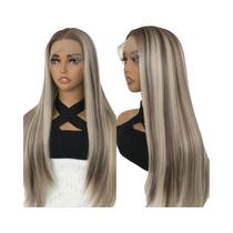 Peruca Longa Lisa Sintética Com Destaque Castanho 13x4 Lace Front, Balayage Loiro Com Parte Central