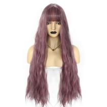Peruca longa ondulada de 30 cm com franja, roxo escuro, cabelo sintético
