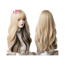 Peruca Longa Ondulada Ombre Dourada Rosa, Peruca Cosplay Resistente Ao Calor, Franja Natural