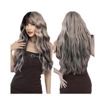 Peruca Longa Ondulada Prata Ash Ombre Com Franja Para Mulheres, Cabelo Sintético De Alta Densidade E
