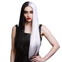 Peruca longa reta preta e branca sintética 70cm para mulheres