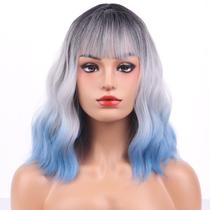 Peruca MAGQOO azul branca Ombre Bob com franja para mulheres de 35 cm