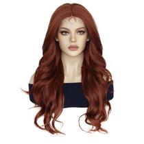 Peruca marrom escuro, comprida, ondulada, cabelo sintético de 26 polegadas, renda frontal
