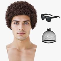 Peruca masculina Tereshar, curta, encaracolada, afro, marrom escuro e óculos