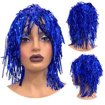 Peruca metalizada festa fantasia carnaval franja azul
