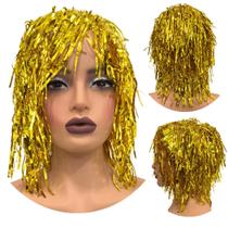 Peruca metalizada festa fantasia carnaval franja dourado