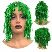 Peruca metalizada festa fantasia carnaval franja verde