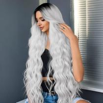 Peruca Miuric branca prateada ondulada de 76 cm de comprimento sintética para mulheres