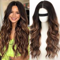 Peruca Nanzes Long Brown Highlight Wavy 66 cm de fibra sintética