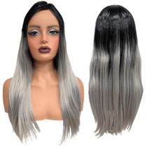 Peruca Ombre Hair Preta Cinza Platinada Franja Lisa Silk Top