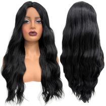 Peruca ondulada longa repartição fixa ao meio 65cm kanekalon