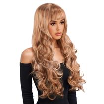 Peruca ondulada marrom dourada Ombre 60cm com franja 258g sintética Peruca ondulada marrom dourada Ombre 60cm com franja 258g sintética