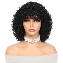 Peruca OnePart 200% de densidade curta Kinky Curly Wave com franja
