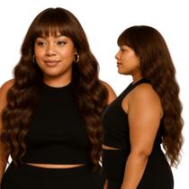 Peruca Orgânica Longa Ondulada com Franja 60cm Castanho