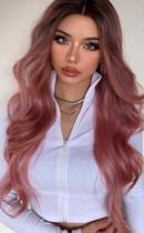 Peruca Orgânica Ondulada Sem Franja Ombre Rosa Lindíssima 65cm - Wig
