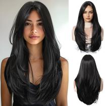 Peruca OUFEI longa reta sintética preta 66 cm resistente ao calor
