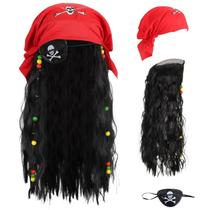 Peruca pirata com bandana vermelha e tapa-olho de caveira - Adulto Peruca pirata com bandana vermelha e tapa-olho de caveira - Adulto