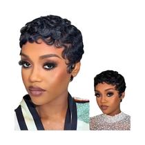 Peruca Pixie Cacheada Preta Natural Para Mulheres, Cabelo Humano Remy Peruano, Bob Completo Feito À