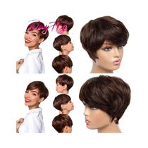 Peruca Pixie Cinza Com Franja, Curta, Ombre, Ondulada Natural, Cabelo Humano Brasileiro