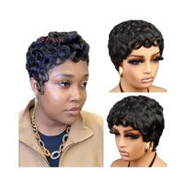 Peruca Pixie Cut Preta 100% Cabelo Humano Curta Cacheada Feita À Máquina Para Mulheres Cor 1B