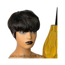 Peruca Pixie Preta Natural Com Franja, Cabelo Humano Remy Brasileiro, Estilo Bob Curto, Perucas