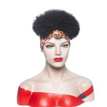 Peruca preta afro encaracolada com faixa de cabeça - curta, de aparência natural