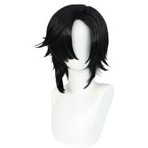 Peruca preta em camadas de anime de 36 cm, cabelo sintético de comprimento médio