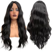 Peruca preto natural 2 ondulada comprida longa meio silk top