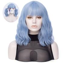 Peruca QACCF azul clara curta ondulada na altura dos ombros para mulheres