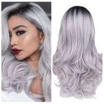 Peruca Quantum Love Ombre Cinza Longa Ondulada 66 cm Sintética