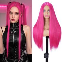 Peruca QUEENTAS Sintética Lisa Rosa Choque 63 cm para Cosplay Peruca QUEENTAS Sintética Lisa Rosa Choque 63 cm para Cosplay