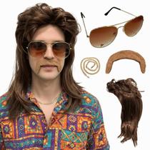 Peruca Retrô Anos 80 Rock Com Bigode Óculos Cordão Fantasia Peruca Retrô Anos 80 Rock Com Bigode Óculos Cordão Fantasia