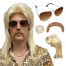 Peruca Retrô Anos 80 Rock Loiro Com Bigode Óculos Cordão