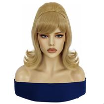 Peruca retrô cosplay loira de comprimento médio 35 cm com franja lateral Peruca retrô cosplay loira de comprimento médio 35 cm com franja lateral