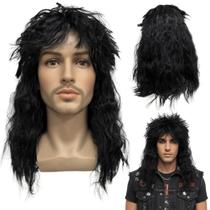Peruca rock heavy metal anos 60 70 ondulada preto volumosa Peruca rock heavy metal anos 60 70 ondulada preto volumosa