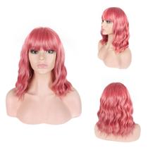 Peruca rosa curta ondulada com franja de fibra de alta temperatura