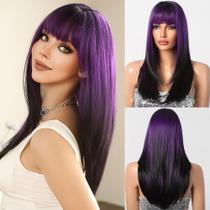 Peruca roxa longa reta preta roxa com franja feminina de 60 cm