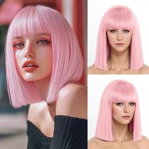 Peruca SeclitWu Pink Short Bob sintética de 30 cm com franja para mulheres Peruca SeclitWu Pink Short Bob sintética de 30 cm com franja para mulheres