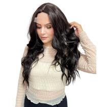 Peruca Semi Lace Ondulada Sem Franja Preta Fibra Orgânica 70cm