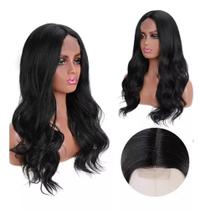 Peruca Semi Lace Ondulada Sem Franja Preta Fibra Orgânica 70cm