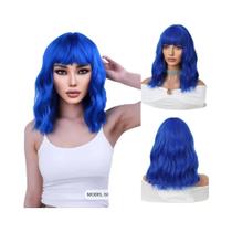 Peruca Sintética Azul Cacheada Bob Para Mulheres Com Franja, Resistente Ao Calor, Curta, Ondulada,