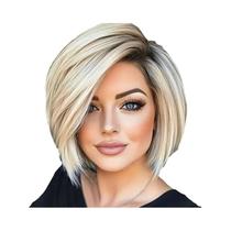 Peruca Sintética Branca Com Gradiente, Corte Bob Estilo Elfo, Com Repartição Lateral E Raiz Peruca Sintética Branca Com Gradiente, Corte Bob Estilo Elfo, Com Repartição Lateral E Raiz