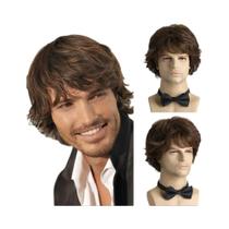 Peruca Sintética Cacheada Marrom Para Homens, Curta, Em Camadas, Resistente Ao Calor, Com Franja