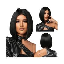 Peruca Sintética Castanho-Avermelhado Com Repartição Central E Mechas Vinho Tinto, Resistente Ao