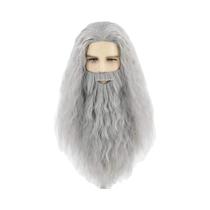 Peruca Sintética Cinza Com Barba E Faixa De Cabelo De 26 Polegadas Para Cosplay De Feiticeiro