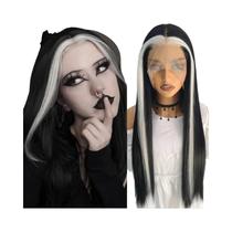 Peruca Sintética Com Mechas Ombre Em Preto E Branco, Lace Front Sem Cola, Estilo Skunk Stripe Para
