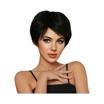 Peruca Sintética Curta E Lisa Para Mulheres Com Parte Lateral E Franja Diagonal Em Seda De Alta